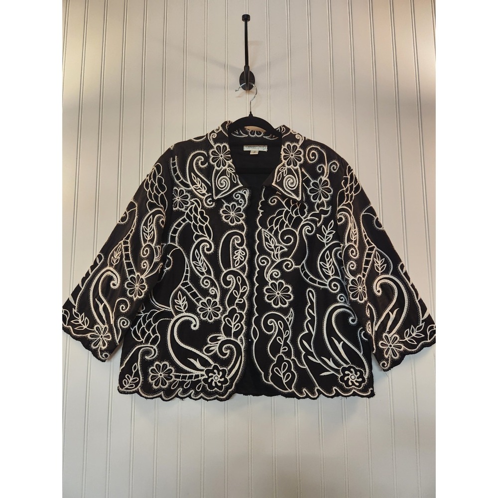 Coldwater Creek Women's Black White Floral Embroidered Open Blazer‎ Size 12 Boho